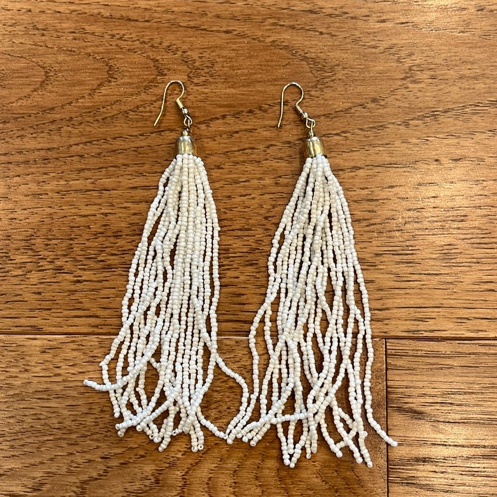 White beaded long earrings